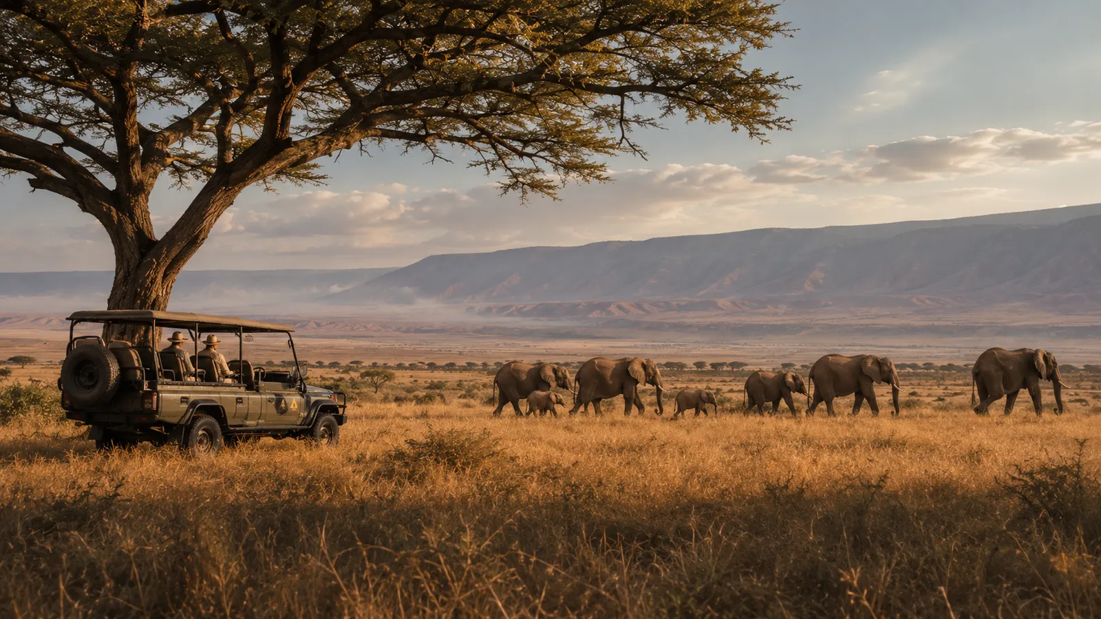 Elephants crossing open grassland beneath a flat-topped acacia.