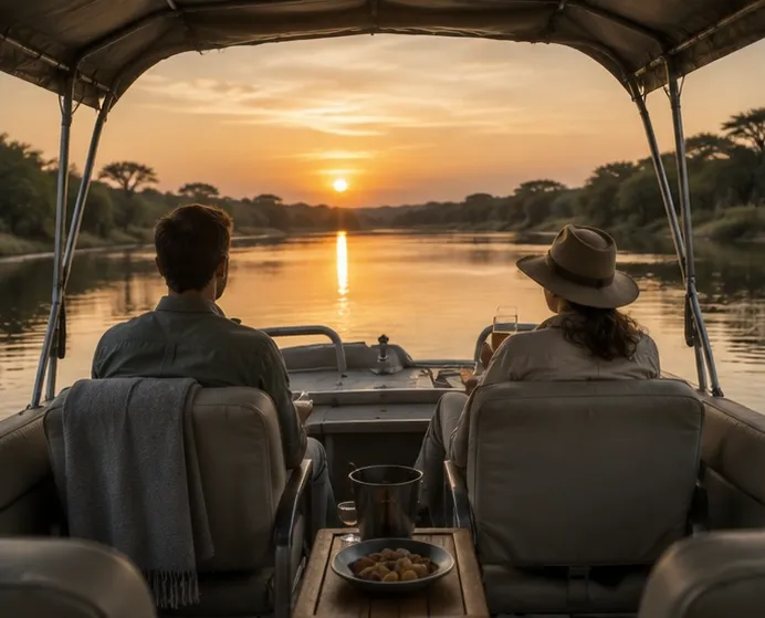 A small boat on flat water at sunset, the coastline low behind it.