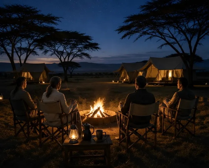 A fire burning outside a tented camp after dark.