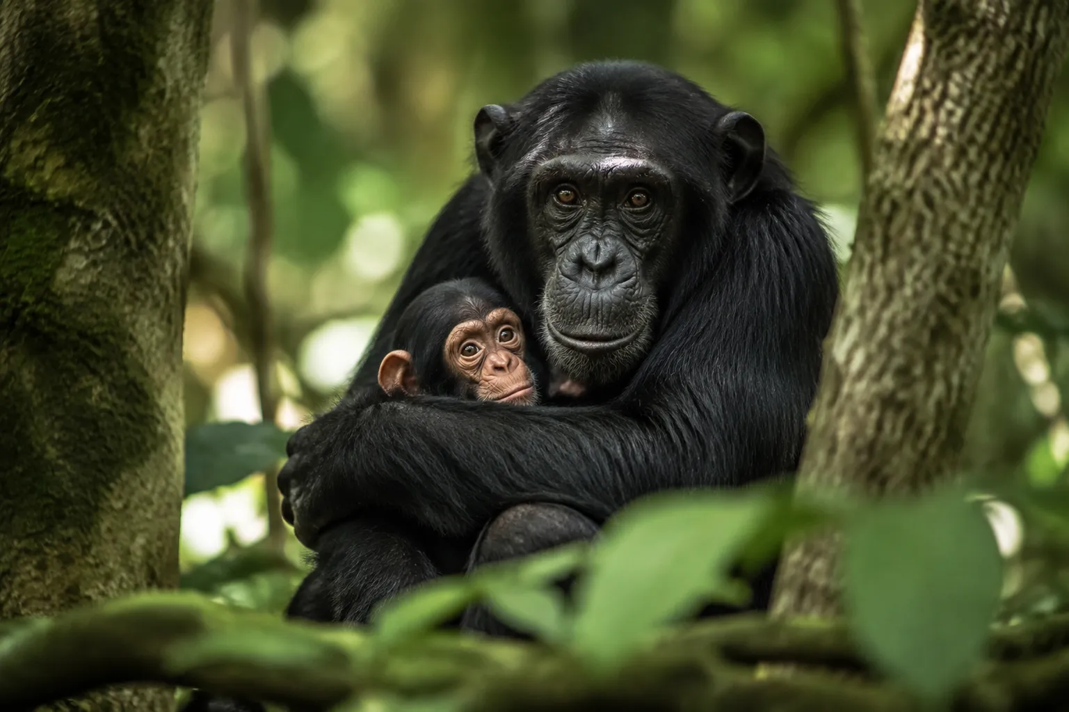 A chimpanzee mother holding her infant in the forest.