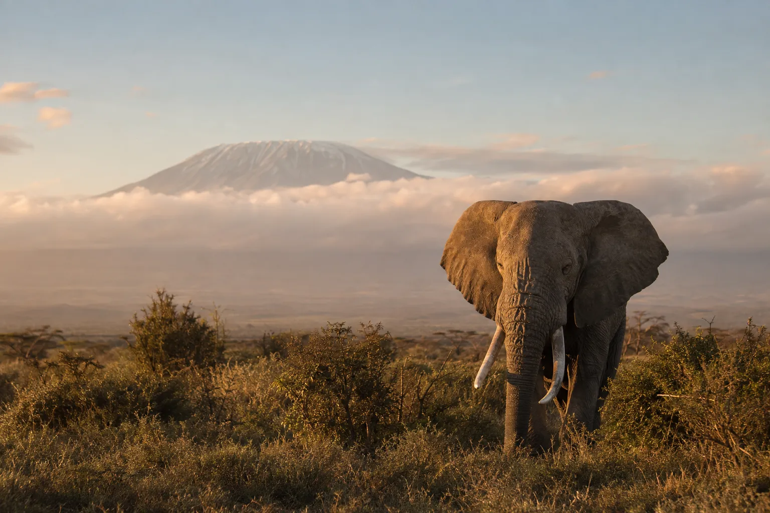 An elephant crossing open ground beneath Kilimanjaro.