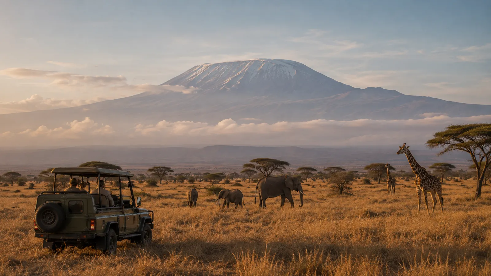 Kilimanjaro rising through cloud above open grassland at sunrise.