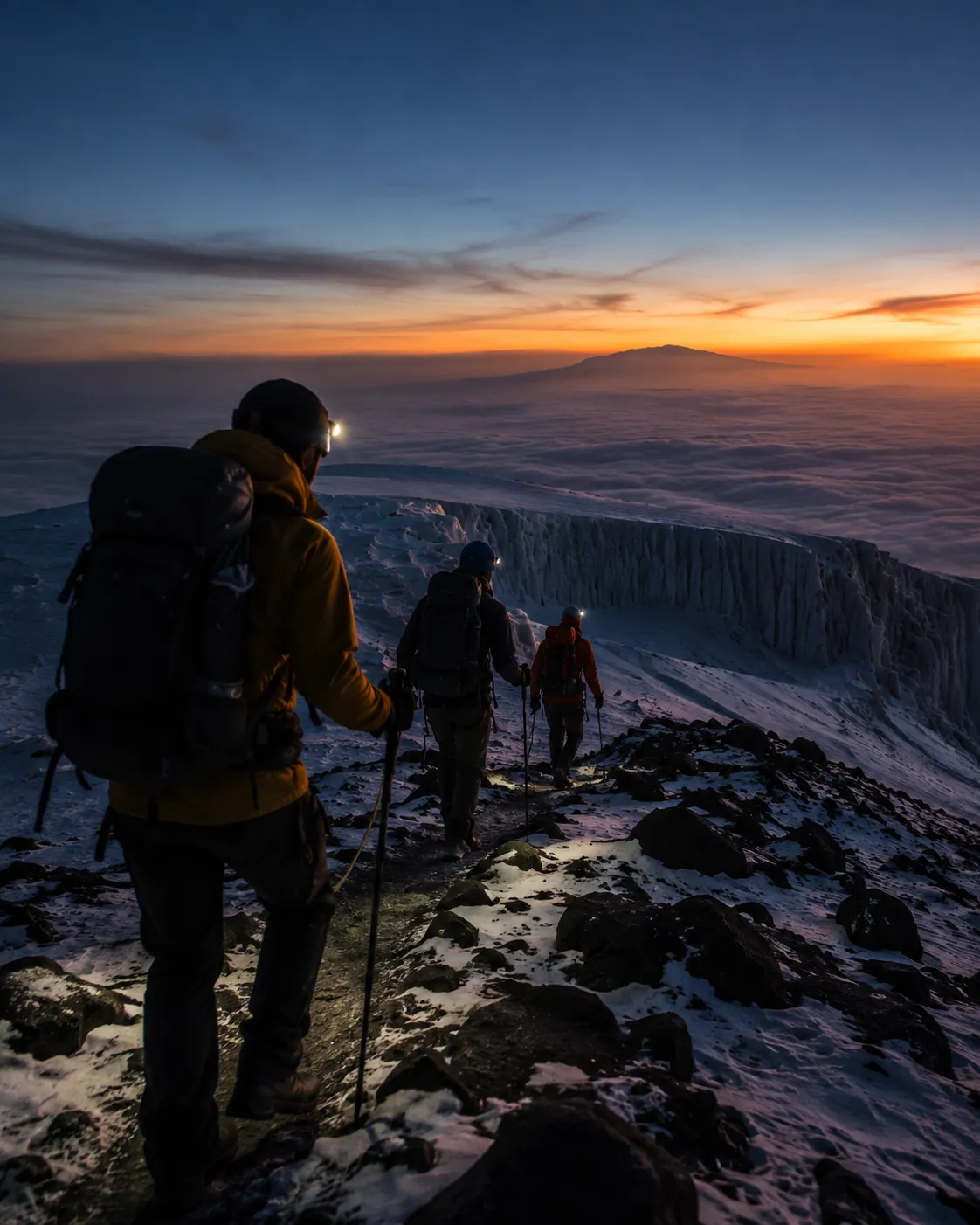 The summit ridge of Kilimanjaro at first light, glacier walls catching the sun.