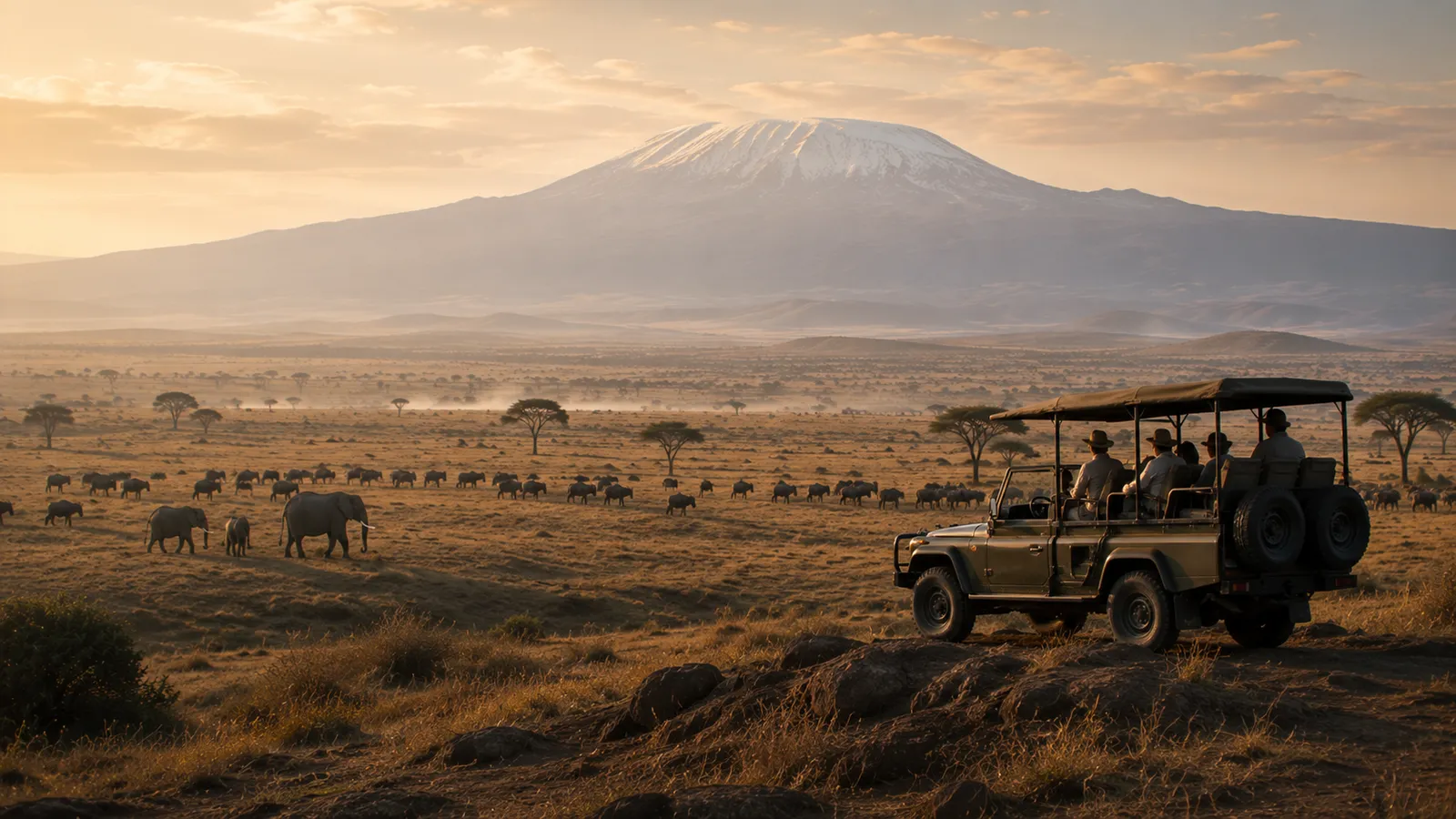 Herds grazing on green plains with Kilimanjaro standing behind them.