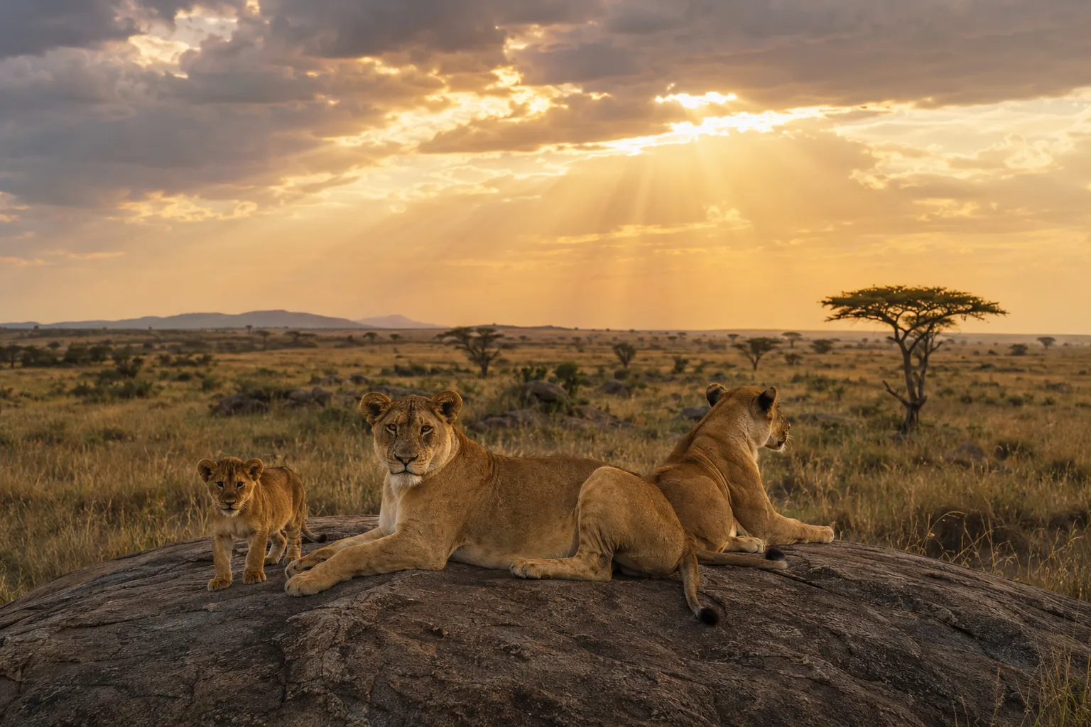 Lions resting on a rocky outcrop above open country.