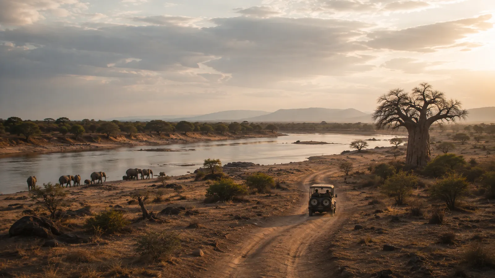 An open vehicle on a track between baobabs in dry season light.