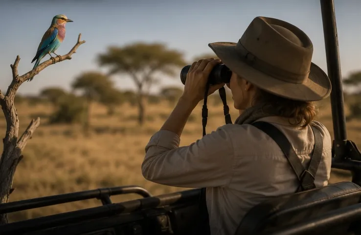 A guest watching through binoculars from an open vehicle, a lilac-breasted roller perched on a bare branch beside them.