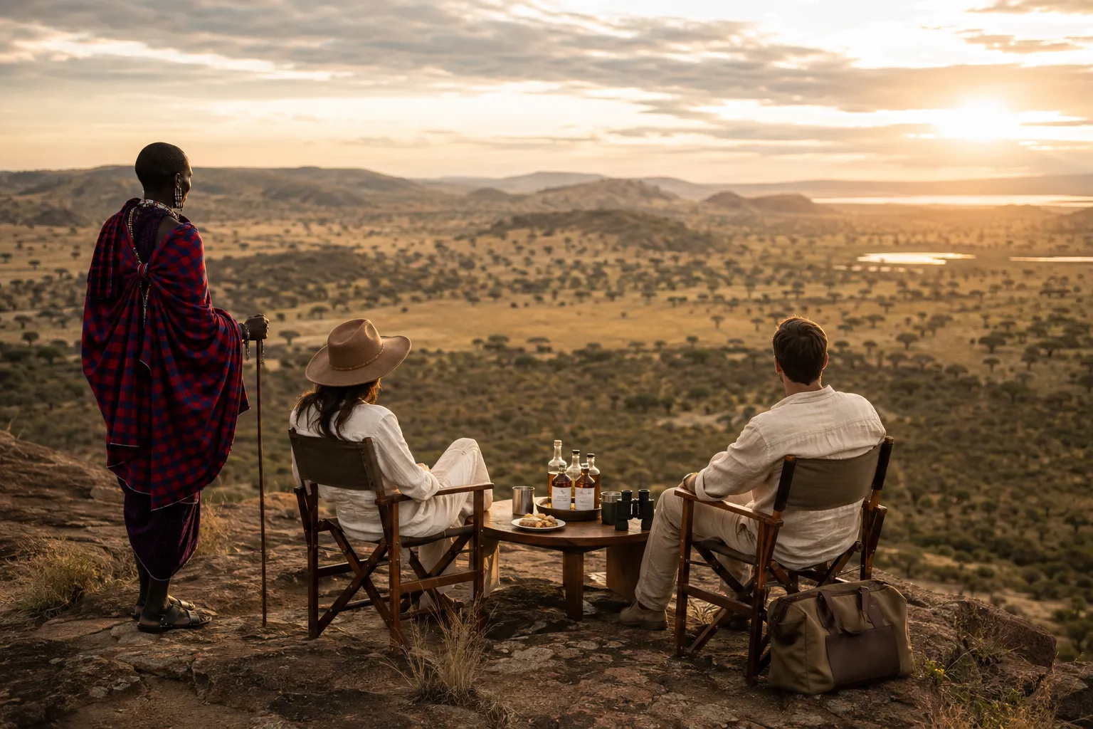 A Maasai guide standing with two guests on a rocky outcrop at sunset.