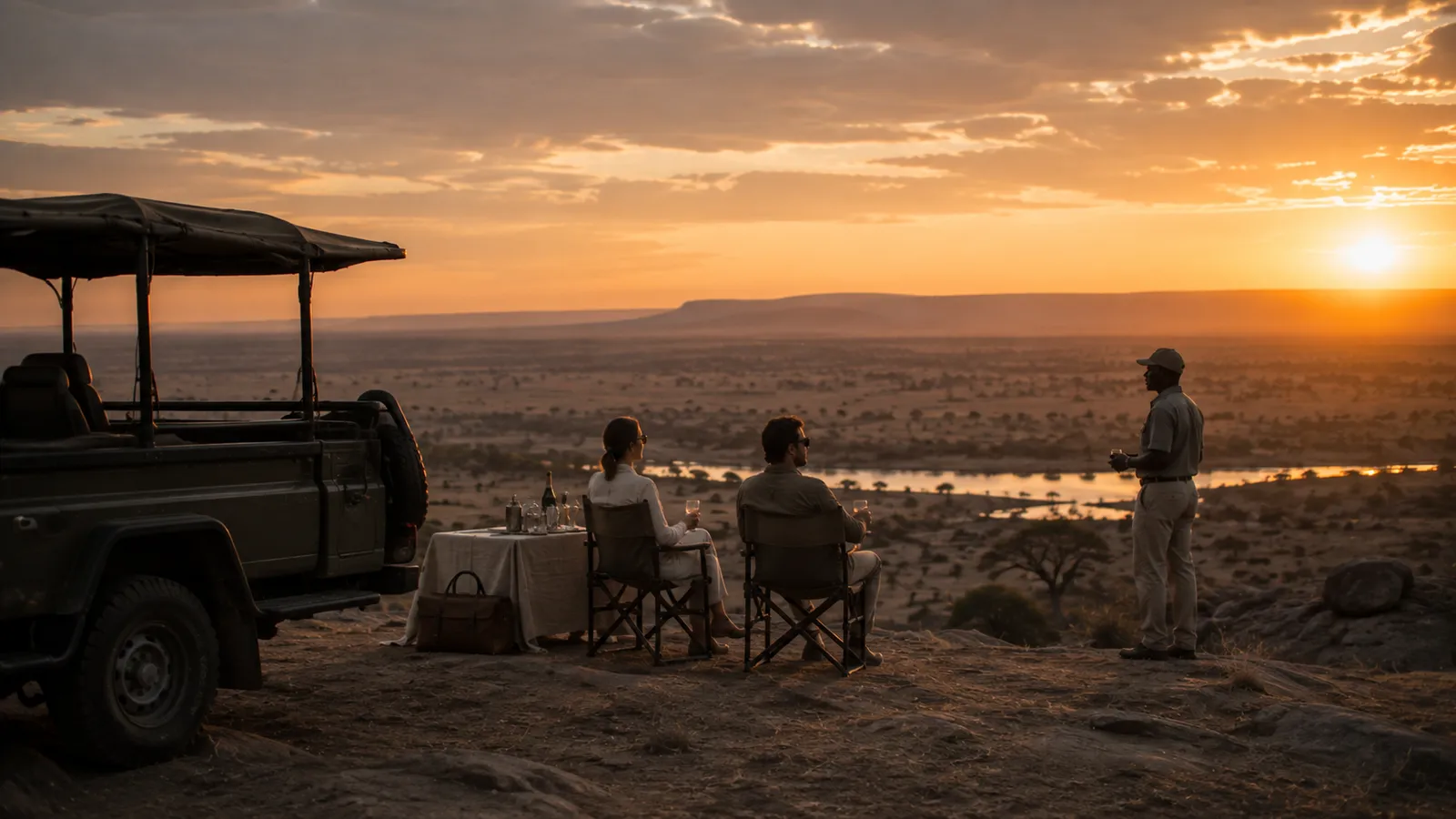 A low table dressed with linen and glassware on a rock ledge at sunset, two guests seated with their guide, the plains and a river below.